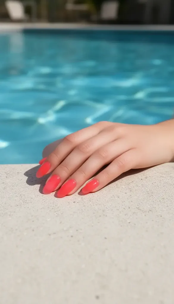 Watermelon-coral jelly oval nails resting on a pool edge with water reflections in summer light.