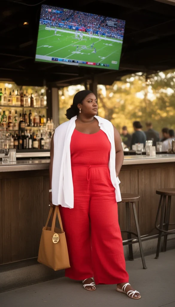 Plus-size woman in red linen co-ord and white overshirt at an outdoor bar during the World Cup.