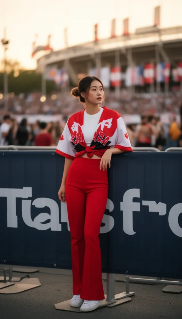 Tall East Asian woman in a knotted Canada jersey with red flared trousers at a Toronto watch party.