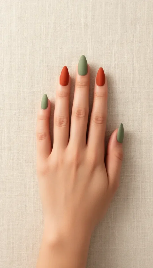 Colour-block red, navy, and cream square nails on white linen in bright natural light.