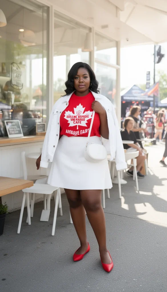 Woman in a Maple Leaf graphic tee tucked into a white mini skirt with red ballet flats near a fan zone café.