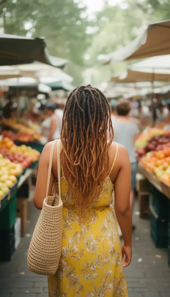 Over-the-shoulder candid of a woman with sun-faded caramel butterfly locs walking through an outdoor market in a yellow floral dress.