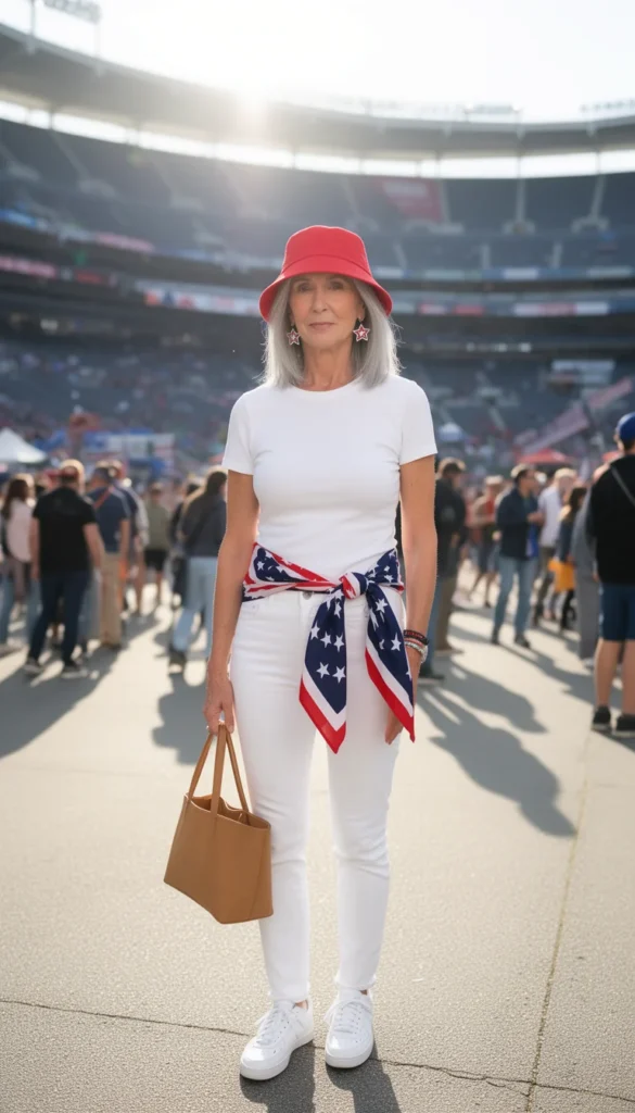 Silver-haired woman in white jeans and a USA-print scarf accessorizing a neutral outfit at an outdoor fan zone.
