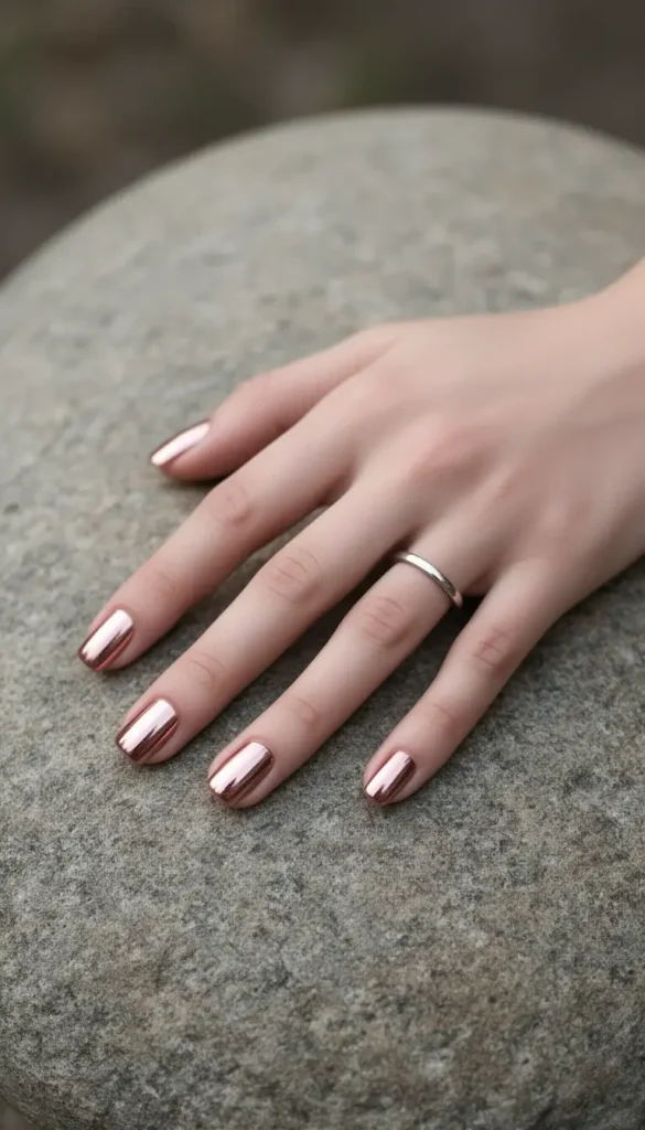 Short square rose gold chrome nails on smooth stone in diffused natural light.