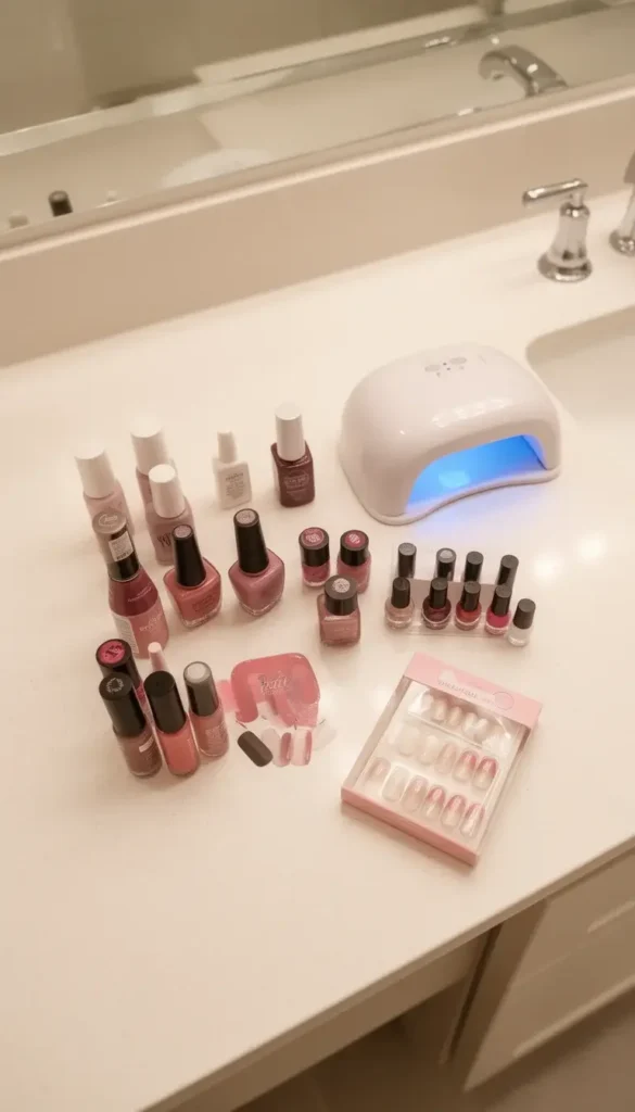 Flat lay of gel nail kit, classic nail polish bottles, and press-on nail box on a bathroom vanity in warm light.