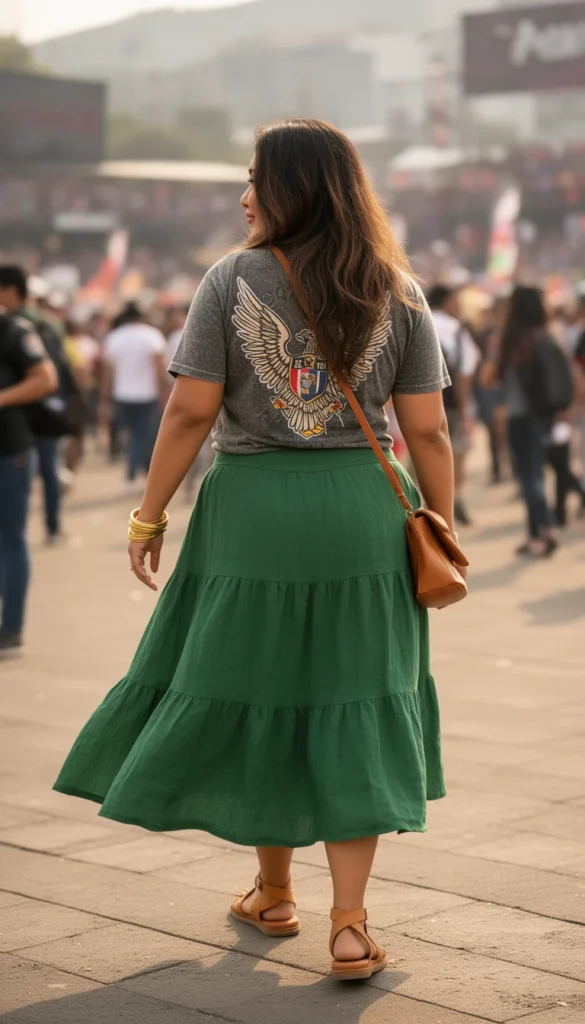 Latina woman in an El Tri graphic tee and tiered green midi skirt walking through an outdoor fan zone.