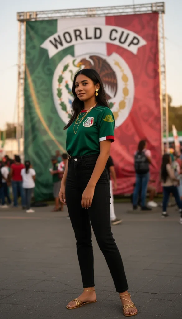 Slim Latina woman in a Mexico jersey with gold sandals and layered gold jewelry at a World Cup fan zone banner.