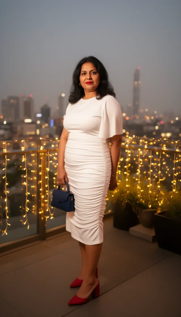 South Asian woman in a white ruched midi dress with red heels and navy bag at an upscale rooftop watch party.