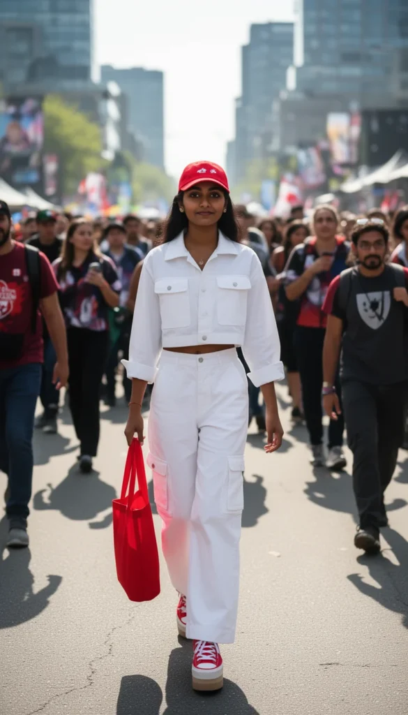 Petite woman in a white utility cargo set with red sneakers and accessories walking through a Montreal fan zone.