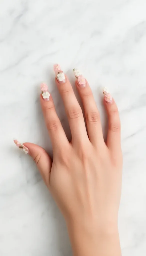 Coffin press-on nails with pressed flower blush and ivory illustration art on a sheer base against marble.
