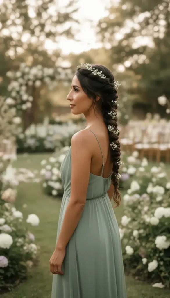 Woman with a white flower-adorned halo braid wearing a sage green bridesmaid dress at an outdoor garden wedding.