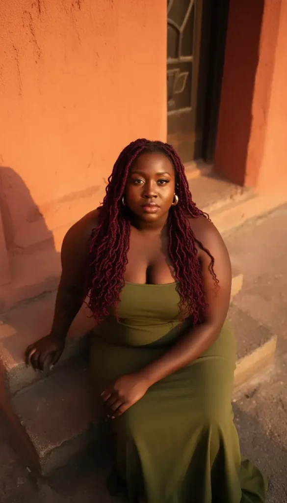 Curvy woman with burgundy butterfly locs seated on terracotta steps in an olive green strapless midi dress.