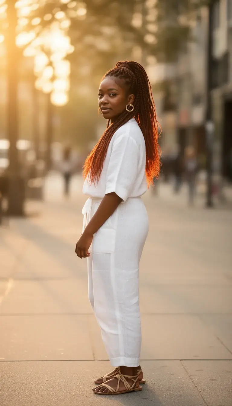 Young Black woman with auburn ombre knotless box braids worn half-up, standing on a city sidewalk in golden hour light.