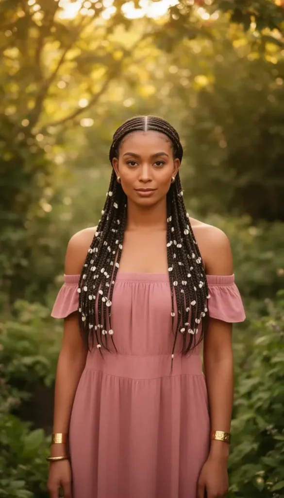 Woman with Fulani braids adorned with gold cuffs and shells wearing a dusty rose off-shoulder dress in an outdoor garden.