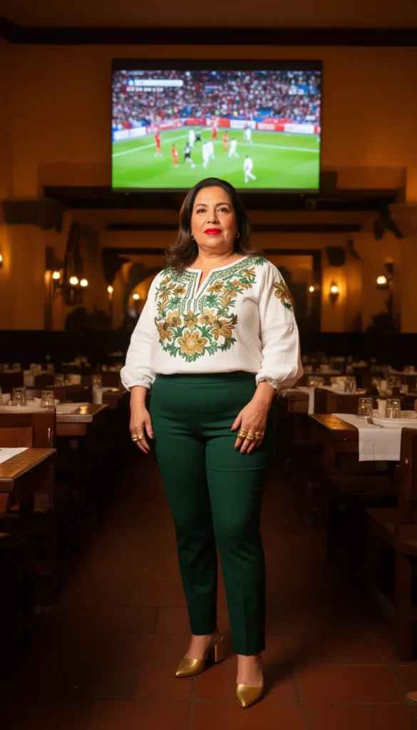 Mature Latina woman in an embroidered peasant blouse and dark green trousers at a Mexico City restaurant watch party.