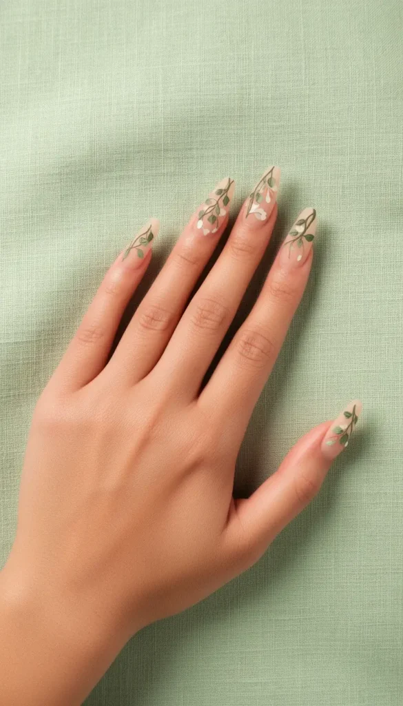 Long almond press-on nails with trailing vine and leaf art on a nude matte base on sage green linen.