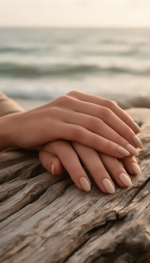 Sandy nude almond nails on weathered driftwood with a blurred ocean backdrop in warm coastal light.