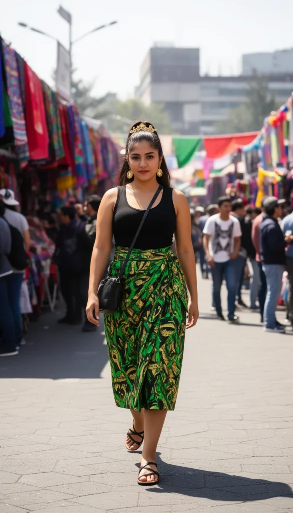 Latina woman in a bold abstract print midi skirt and black top walking through a festive Mexico City fan zone.