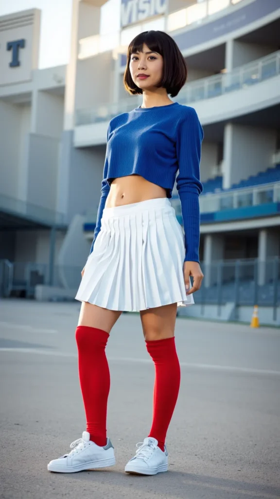 Petite woman in blue sweater and white pleated skirt outside a stadium.