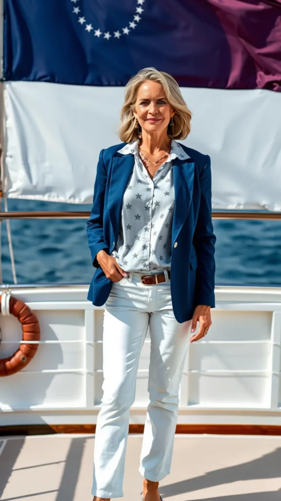 Woman in star-print blouse and white jeans on a yacht.