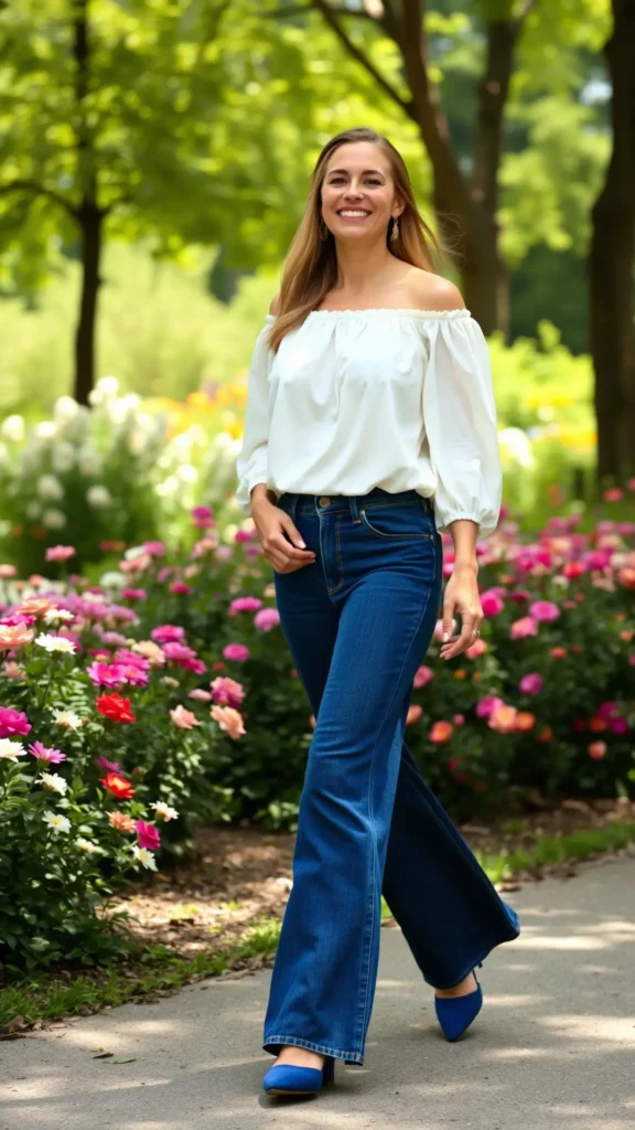 Woman in off-the-shoulder white top and wide-leg jeans in Montreal park