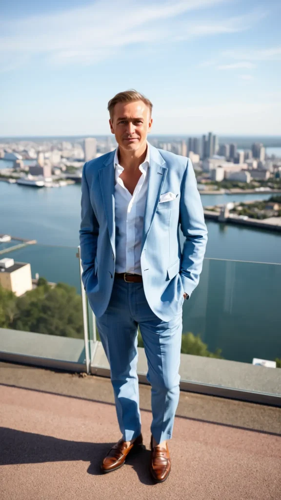 Man in light blue linen suit overlooking Quebec City