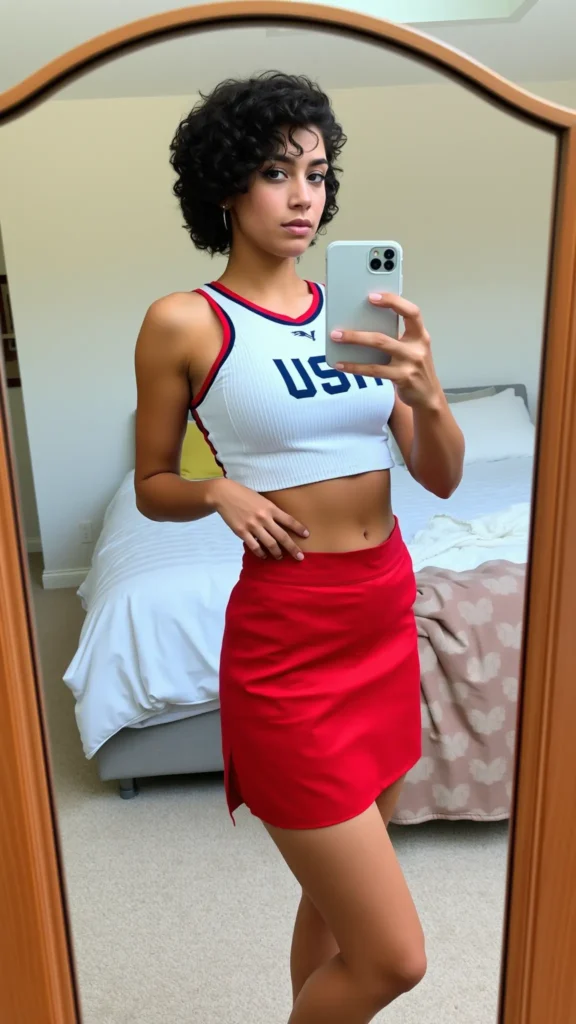 Mirror selfie of a woman in a cropped USMNT jersey and red utility skirt.