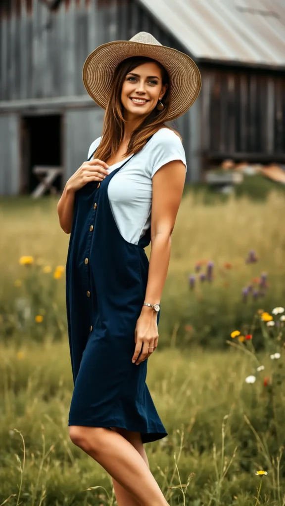 Woman in navy blue dress and straw hat in Quebec countryside