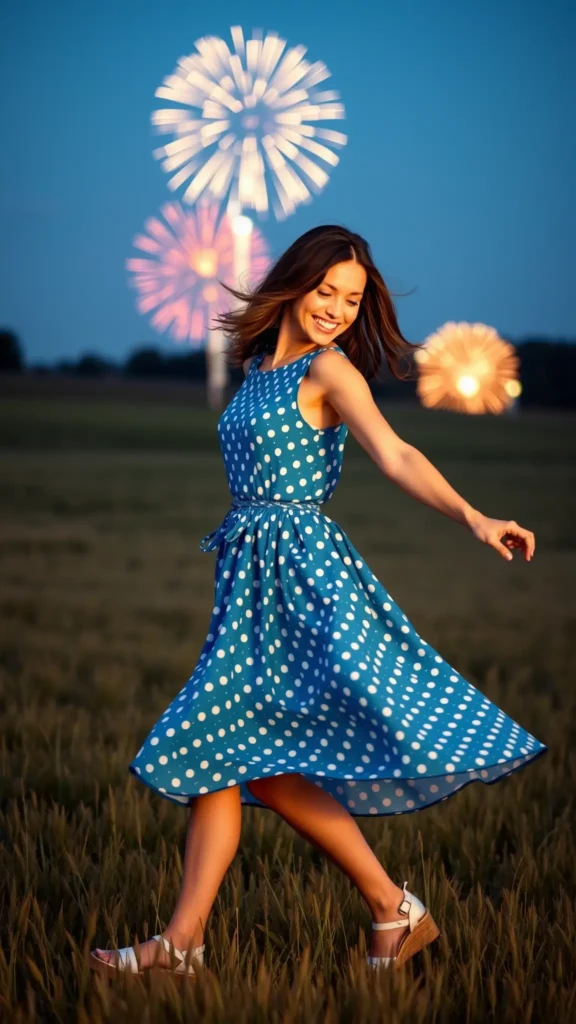 Woman in blue polka dot dress twirling with fireworks in background