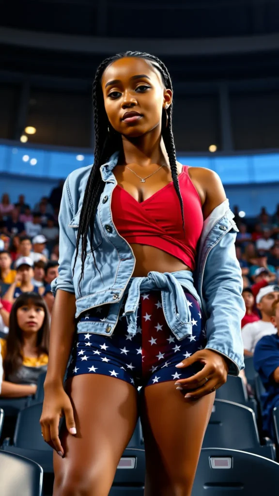 Woman in red wrap top and star-spangled shorts in a stadium row.
