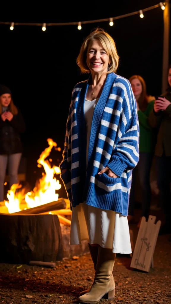 Woman in blue and white striped cardigan at Quebec bonfire celebratio
