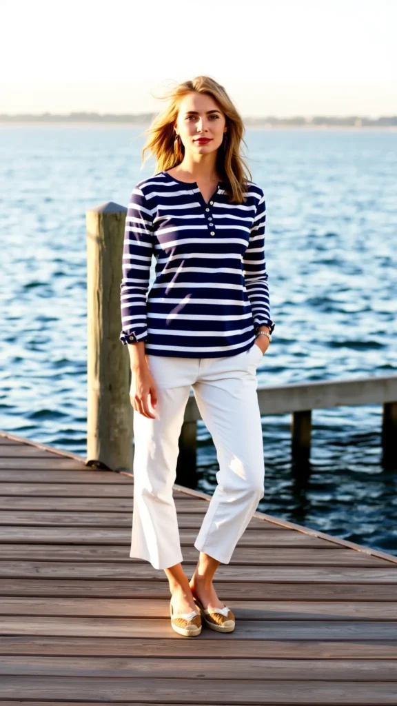 Woman in Breton stripe top on dock overlooking St. Lawrence River