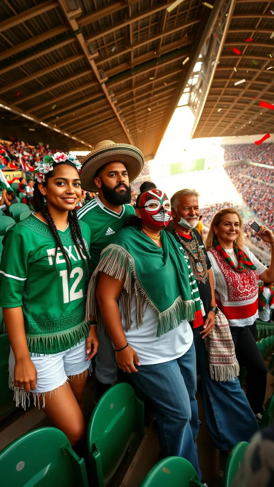 Diverse group of Mexico fans in jerseys, rebozos and lucha libre masks celebrating in stadium stands