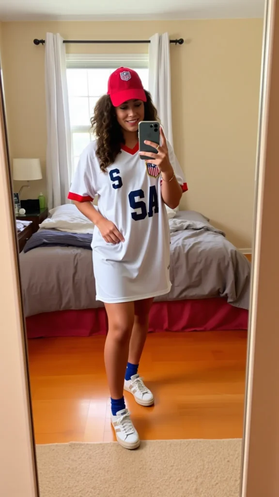 Mirror selfie of a woman in a USMNT jersey dress and white sneakers.