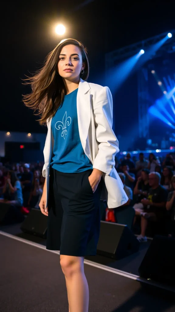 Woman in graphic tee and white blazer at Quebec City concert
