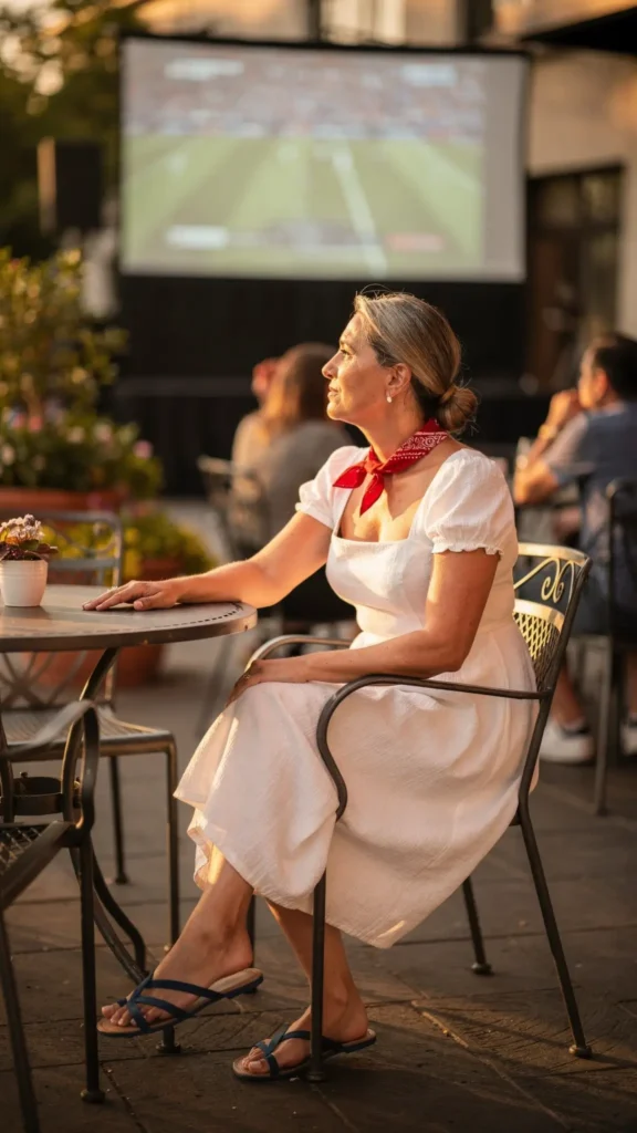 Woman in a white sundress with red bandana at an outdoor cafe watching a match.